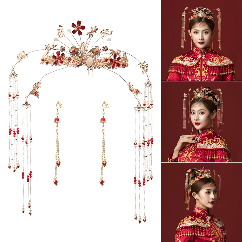 

Newly Chinese Ancient Wedding Jewelry Set Traditional Classic Bridal Headwear Tiara Golden Phoenix Crown Hairpins Earrings