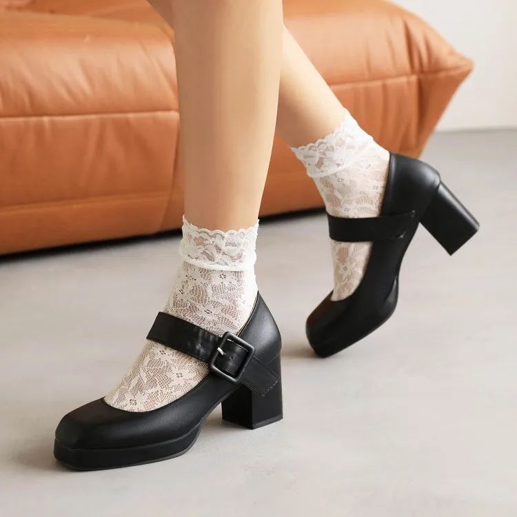 Womens Shoes High Heels Pumps Womens New Styels of Shoes Classic Square Toe Big High Heel With Belts and Buckles For Daily Use