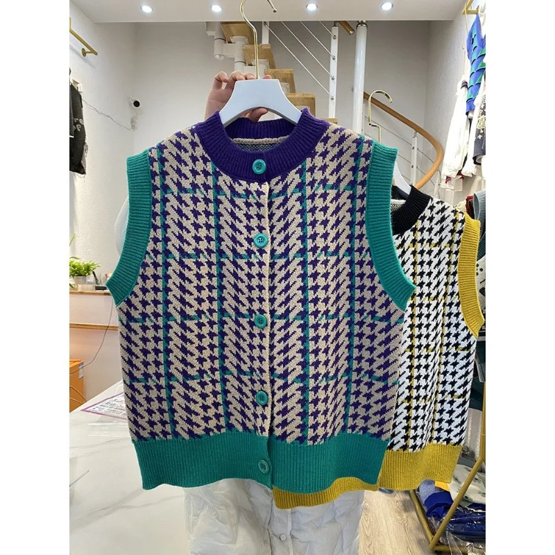 

Plaid knitted cardigan vest women color blocking versatile retro Korean college casual sleeveless cardigan sweater vest female