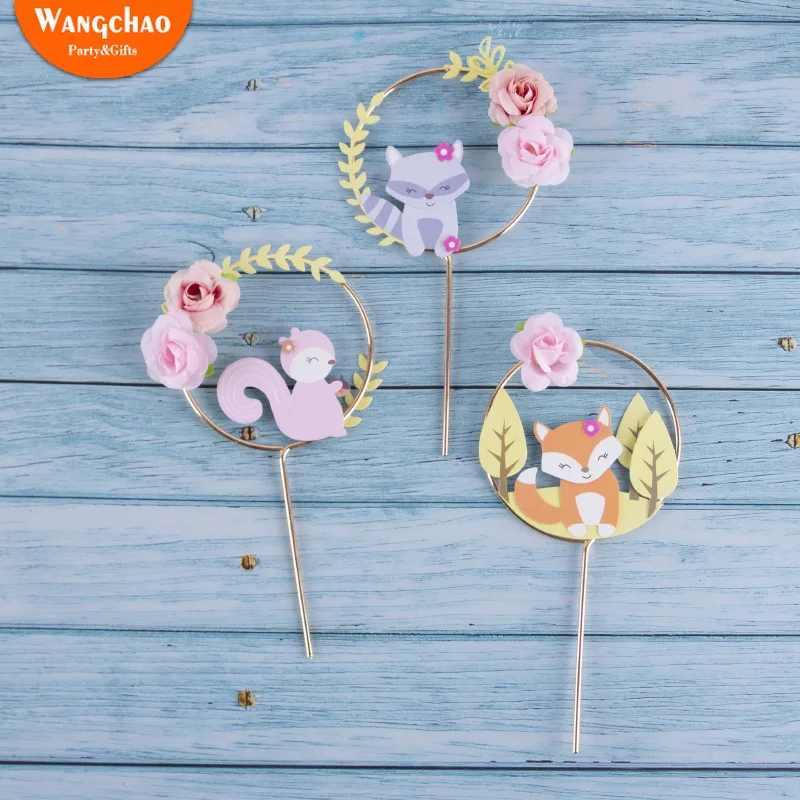 

Beautiful Forest Animal Theme Cake Decoration Fox Squirrel Flower Wreath Garland Cake Topper Child Birthday Party Supplies