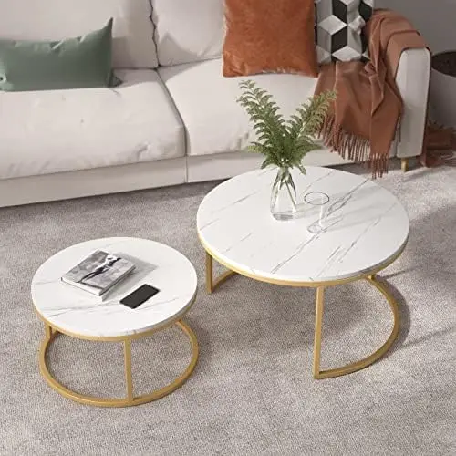 

Nesting Coffee Table Round, Golden Color Frame with Wood Top for Small Space and Living Room, 32\u201D End table for bedroom Mes