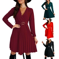 women dress elegant a line long sleeve pure color pleated above knee length mini dress for banquet