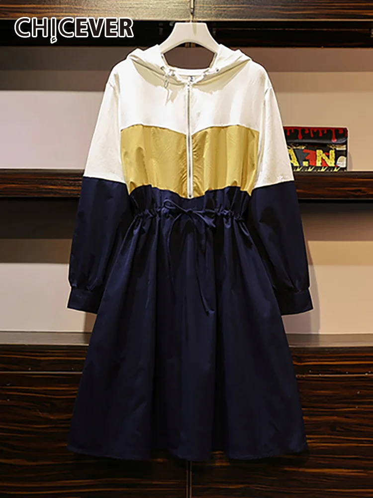 

CHICEVER Patchwork Hit Color Dress For Women Hooded Lantern Sleeve High Waist Sashes Plus Size Casual Dresses Female 2020 Autumn