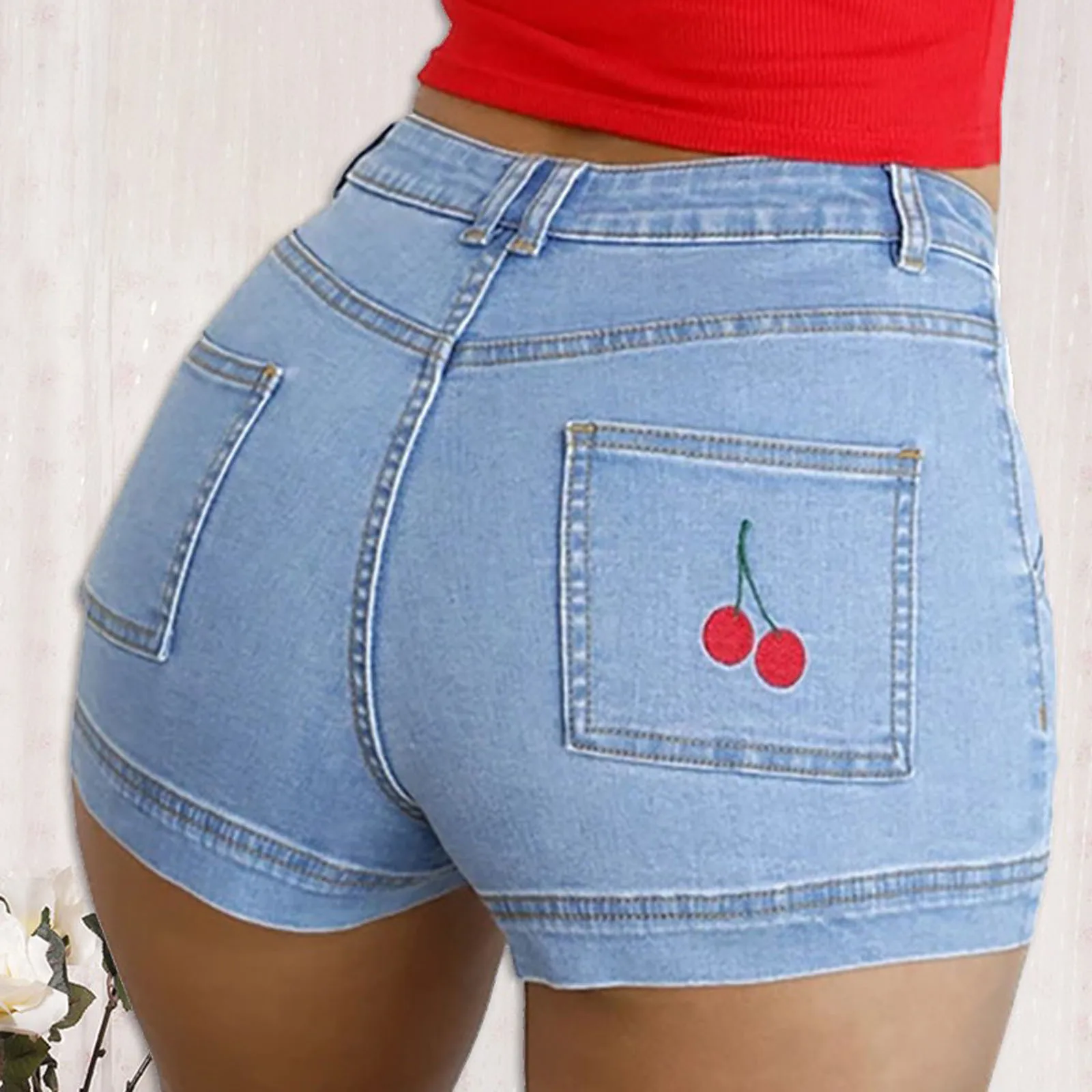 Summer Women Casual Sexy Short Jeans Cherry Print Denim Shorts Pockets Wash Embroidered Fringe Sweet Elastic Waist Female Cloth