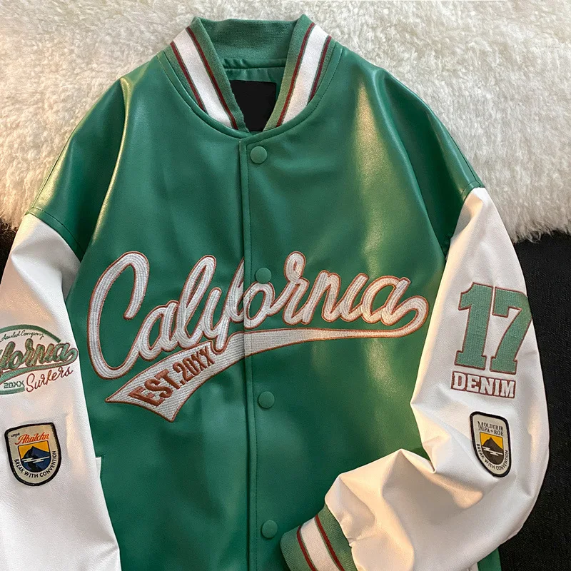 

American Retro Letter Embroidery Jackets Coats Women's Street Trend All-Match Baseball Uniform Leather Jacket Couple Loose Top