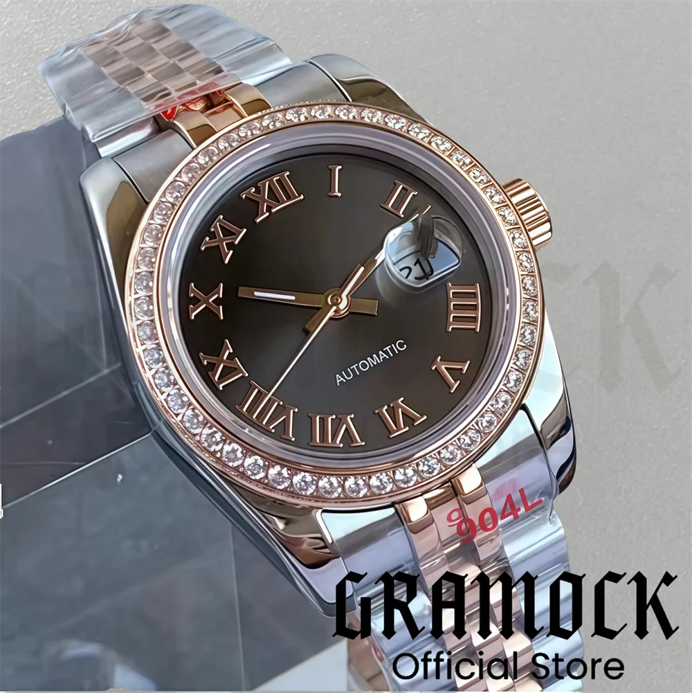 Фото Роскошные женские часы Gramock 31 мм с декором и бриллиантами NH05, двухцветный золотой корпус, сапфировое стекло, солнечные лучи, фиолетовый, серый циферблат, римский индекс №4