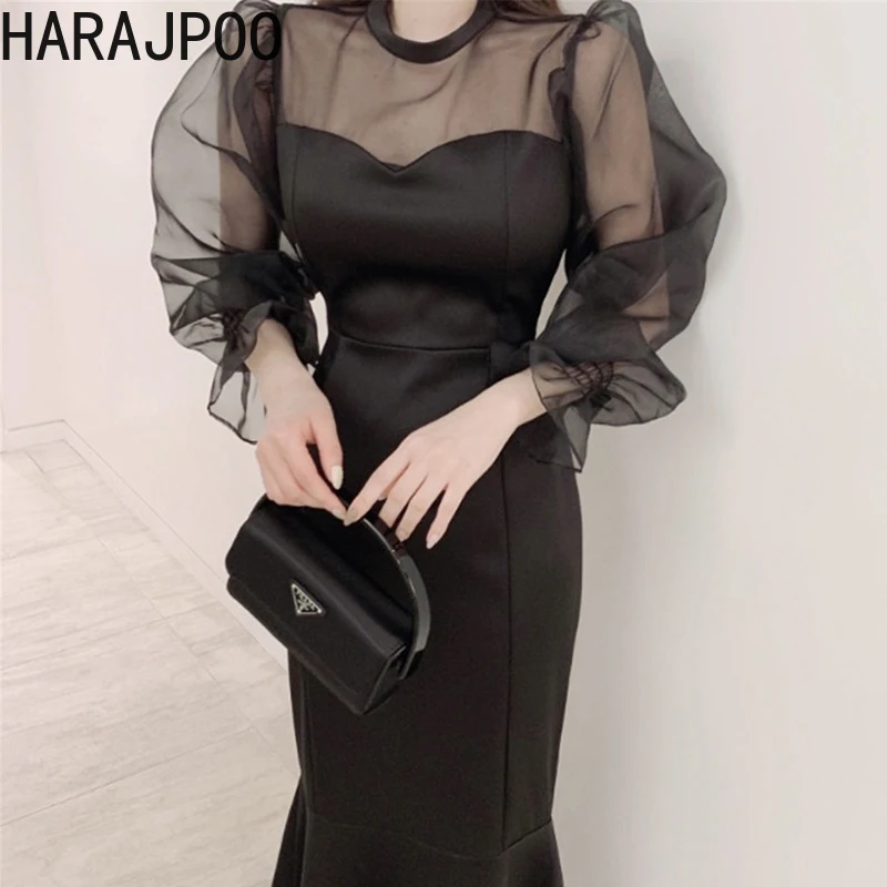 

Harajpoo Clothing Female O Neck Mesh Stitching High Waist Mid Length Puff Sleeve 2022 New Spring Black Vintage Trumpet Solid