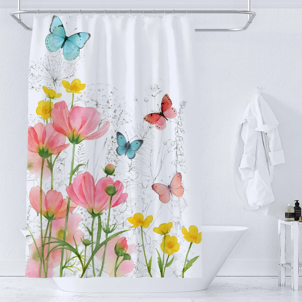 

Art Flowers Shower Curtain Butterfly Pattern Waterproof Polyester Bathroom Curtain Room Decor Bathtub Curtain Textured With Hook