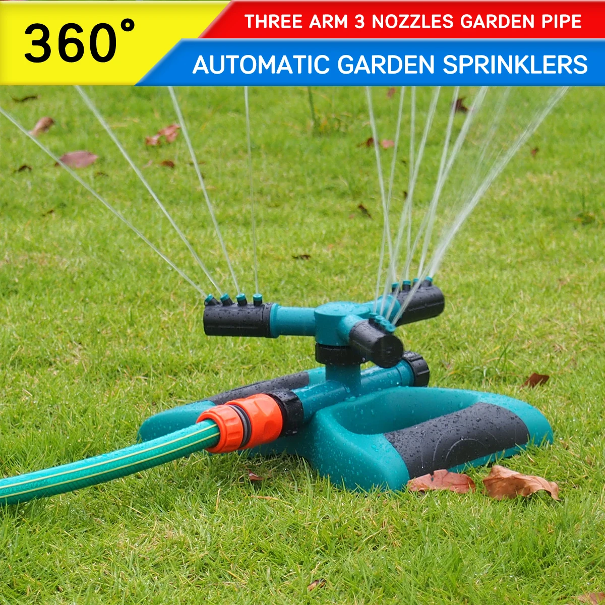 

Water Sprinkler Automatic Garden Sprinklers Watering Grass Lawn 360 Degree Circle Rotating Garden Pipe Hose 3 Arm Three Nozzles