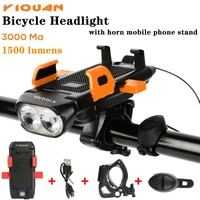 yiquan bicycle headlight 1500 lumens usb charging mtb bike front lights waterproof safety warning lamp horn mobile phone holder
