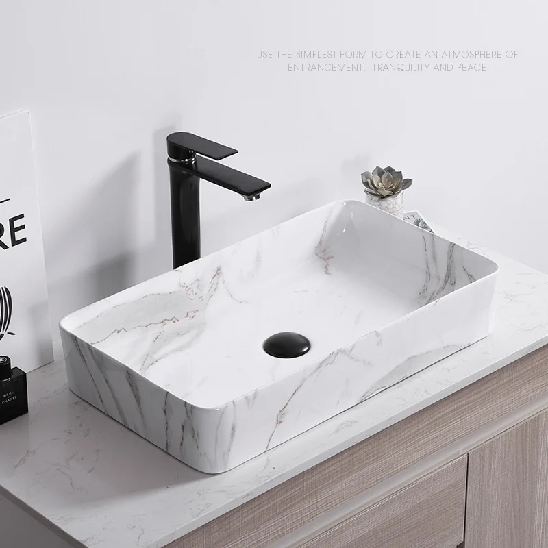 

Nordic Simple Marble Pattern Art Above Counter Wash Basin Home Toilet Ceramic Bathroom Vessel Sink Square Washbasin Faucet