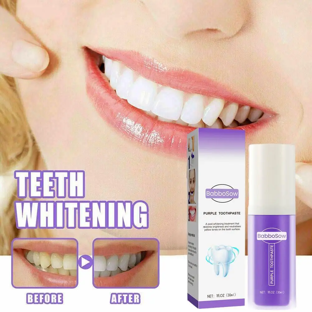 

30 мл фиолетовая отбеливающая зубная паста очищает пятна и удаляет зубной клетку для удаления неприятного дыхания отбеливающая зубная паста