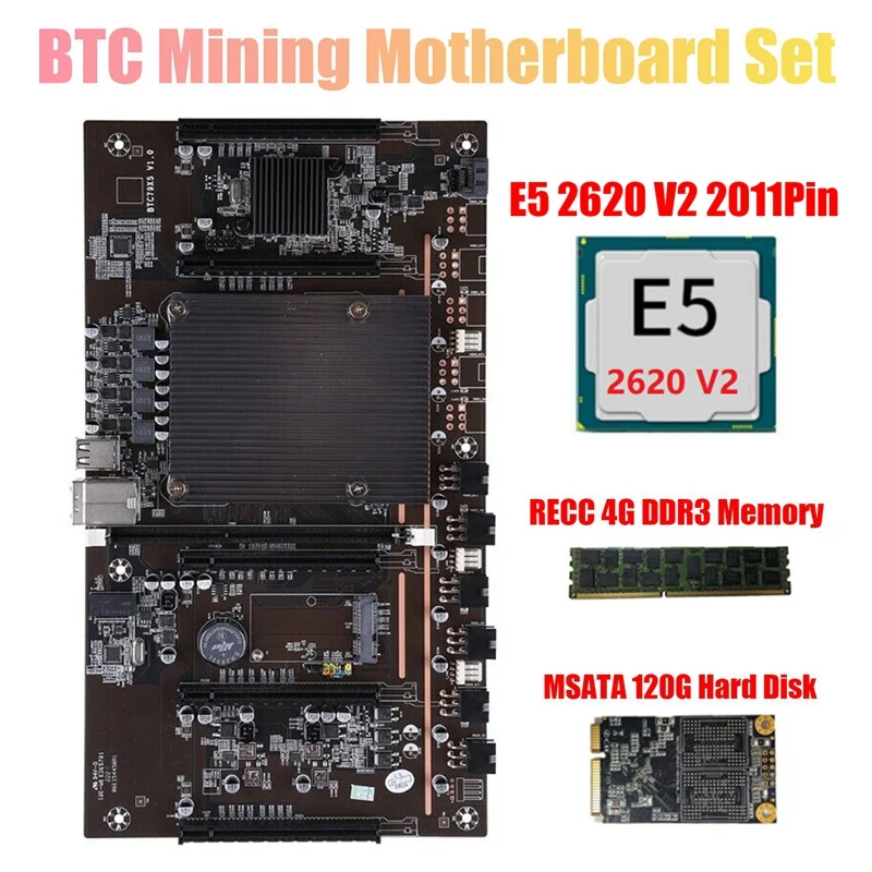 BTC Mining Motherboard X79 H61 With E5 2620 V2 CPU RECC 4GB DDR3 Memory 120G SSD 5X PCI-E 8X Support 3060 3070 3080 GPU