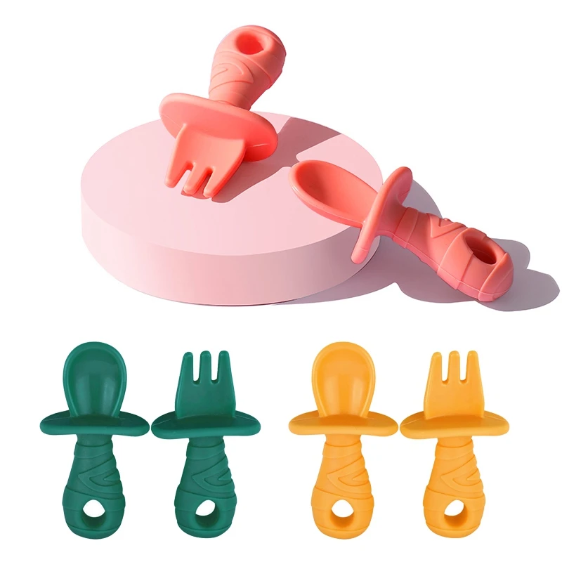 

Food Grade Silicone Baby Spoon and Fork Set Safety Short Handle Tableware For Infant Self Feeding Cutlery Children Utensil