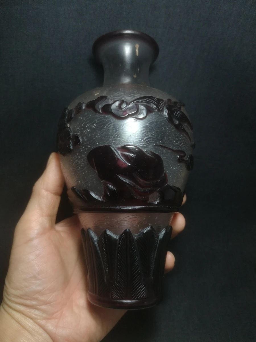 

YIZHU CULTUER ART Chinese Glaze Hand carving crane flower vase bottle old Decoration gift Collection