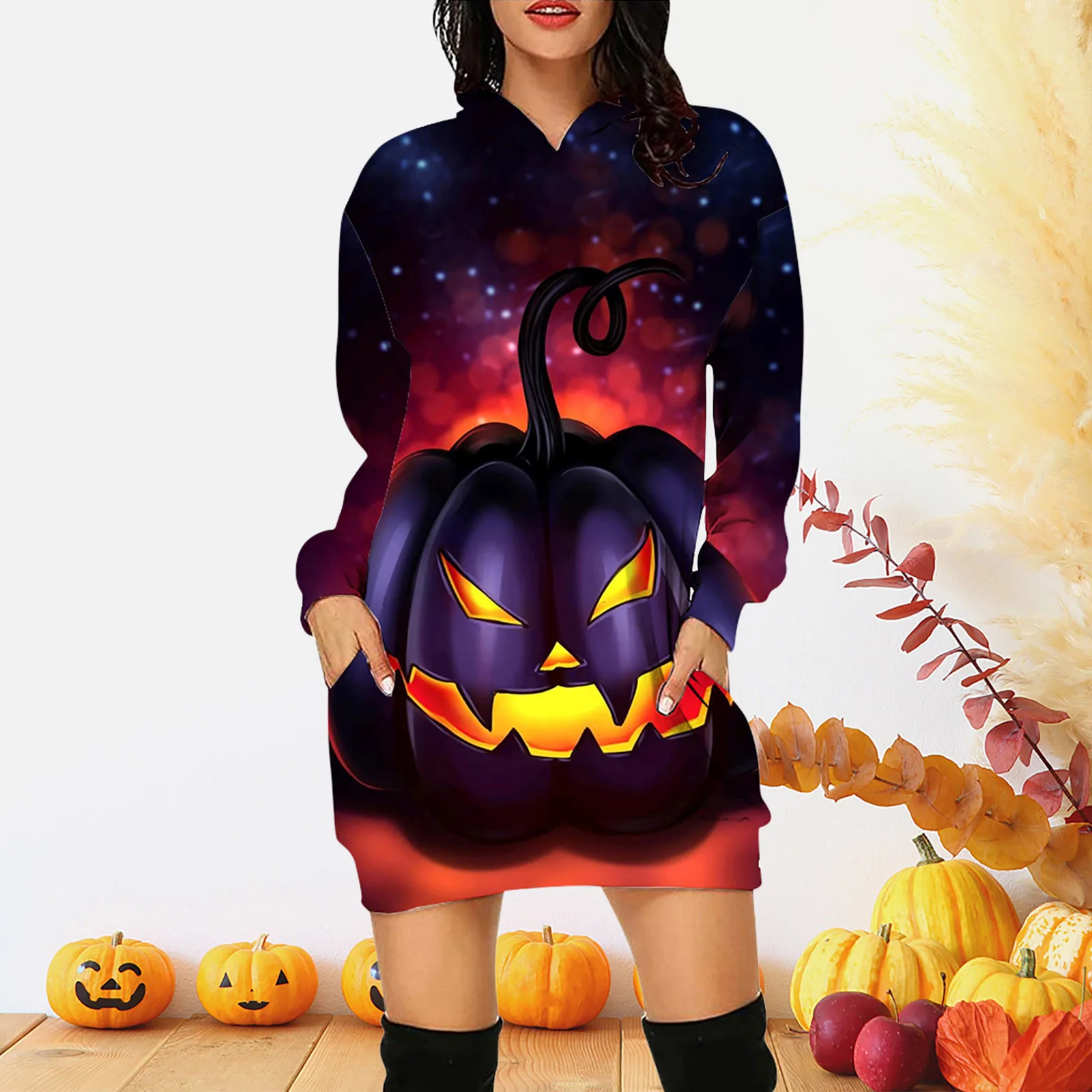 

Women Halloween Party Dress Long Sleeve V Neck Pumpkin Print Vintage Casual A-line Dresses Vestidos Spring Ladies Hoodie Dresses