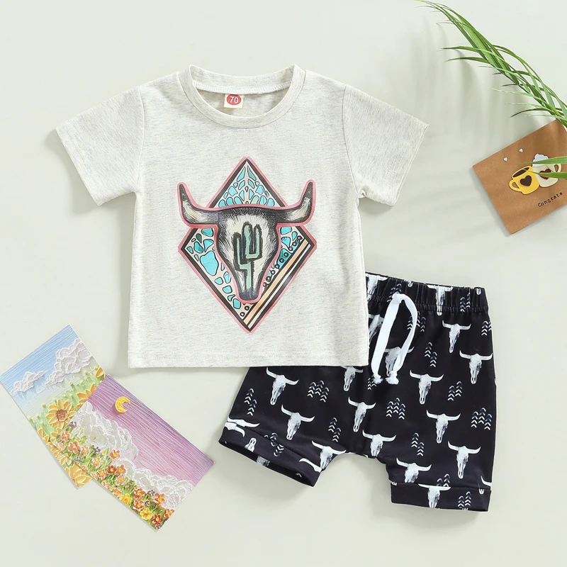 

Summer Toddler Kids Clothes Outfit Sets Boys Short Sleeve Cattle Cactus Print T-shirts+Shorts Pants Baby Costumer Clothing