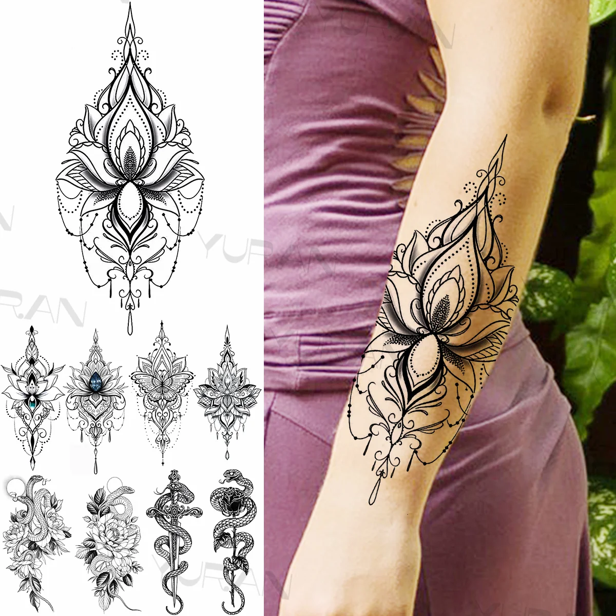 

Black Large Lotus Temporary Tattoos For Women Adults Realistic Snake Sword Rose Flower Fake Gemstone Tattoo Sticker Arm Tatoos