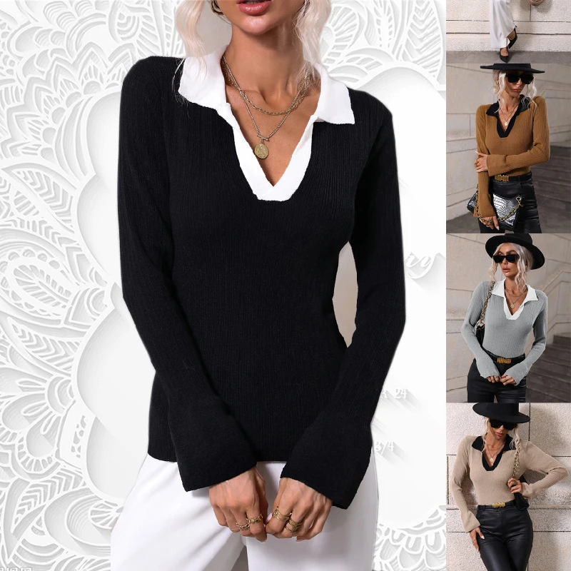 

Женский трикотажный свитер с отложным воротником, расклешенный пуловер с длинными рукавами, весна-осень