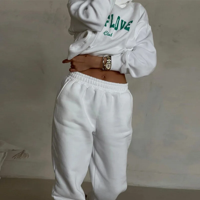 

Casual Long Sleeve Tracksuit Outfits Fashion Letter Hooded Sweatshirt and Pockets Long Pants Suits Women Elegant Loose 2Pc Sets