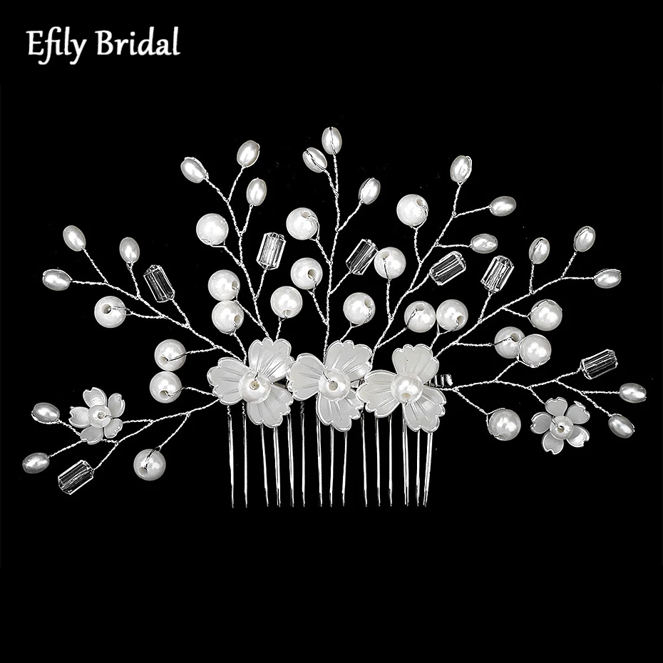 

Efily Silver Color Bridal Hair Comb Pearl Crystal Flower Wedding Hair Accessories Women Head Jewelry Headpiece Bridesmaid Gift