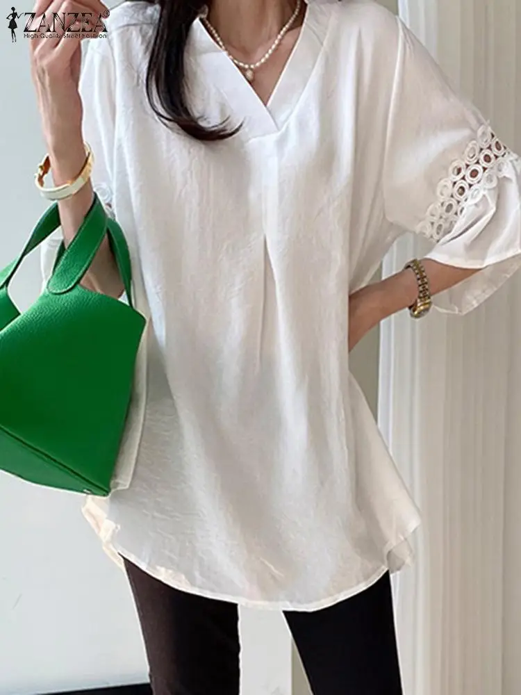 

Women Vintage Solid Color Blusa ZANZEA 2022 3/4 Flare Sleeve Blouse Casual Loose Lace Stitching Shirt Fashion Autumn V Neck Tops