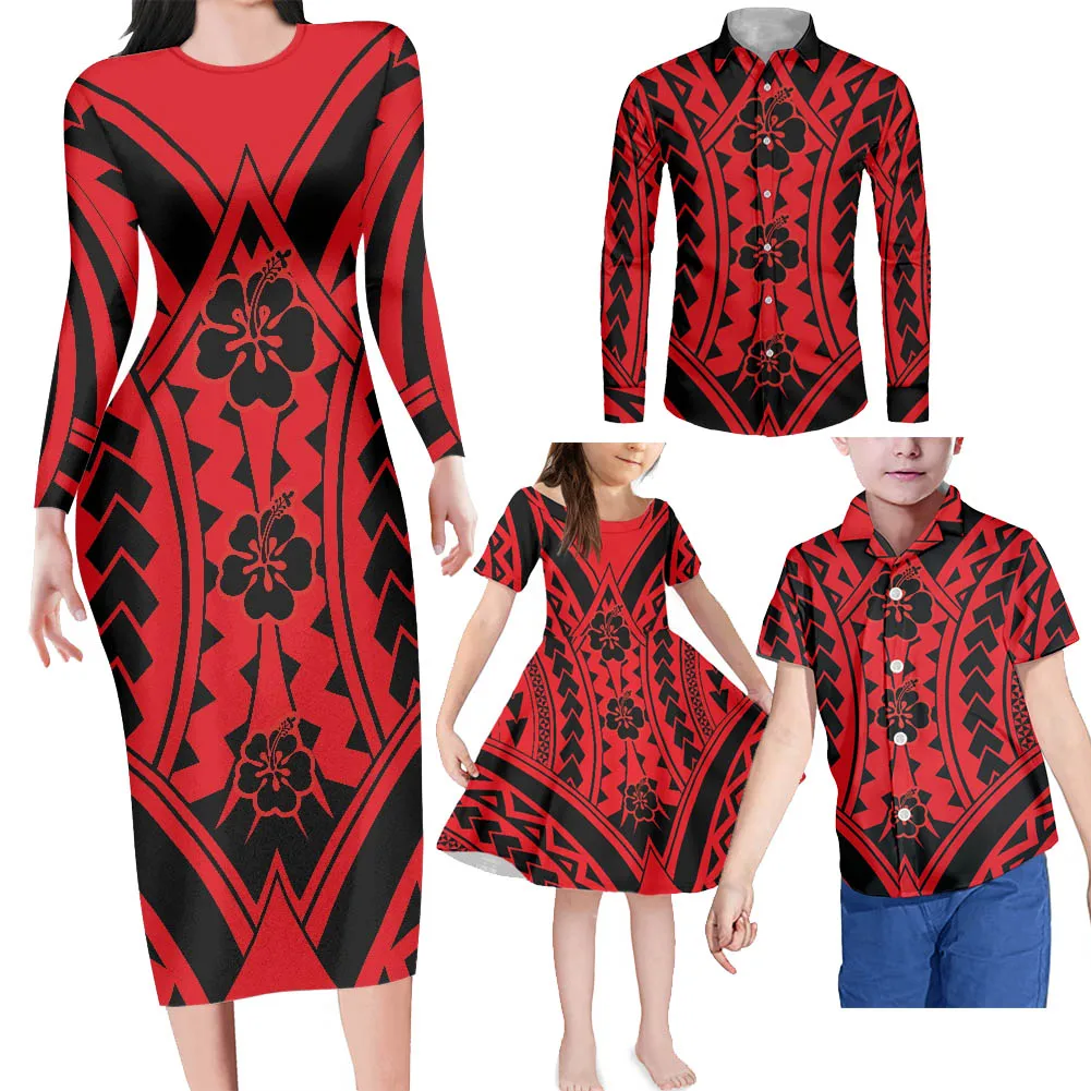 

HYCOOL Red Polynesian Tribal Themed Party 4pcs Family Matching Clothes Mommy And Me Summer Dress Father And Son Button Up Shirt