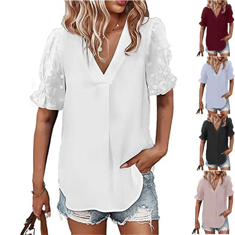

2022 Summer New Women's V-neck Chiffon Shirt Stitching Fur Ball Short-sleeved Top Women Fashion Commuting All-match Casual Top
