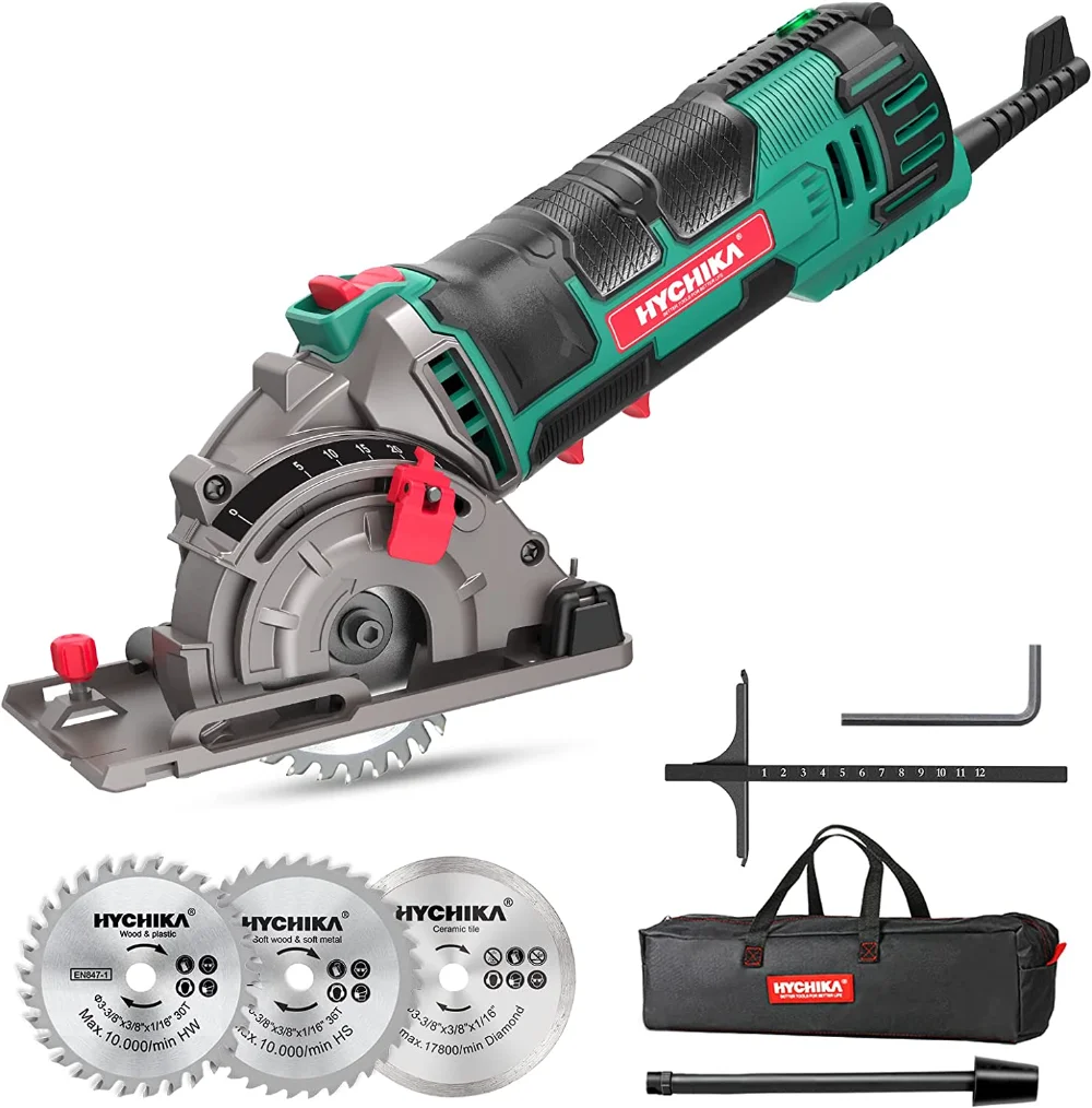 Mini Circular Saw, HYCHIKA Compact Circular Saw Tile Saw with 3 Saw Blades 4A Pure Copper Motor, 3-3/8”4500RPM Ideal