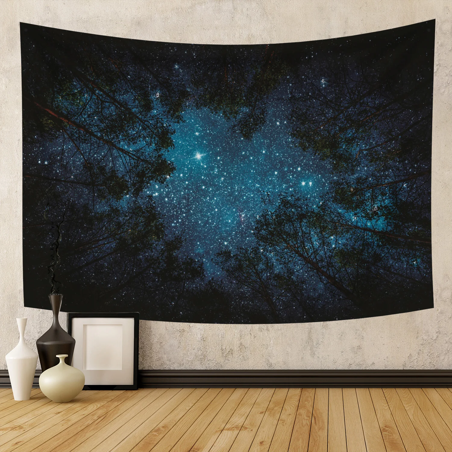 

Starry Sky Forest Tapestry, Tropical Leaves Tapestry Black Background Floral Tapestry Wall Hanging for Room Dorm (60 x 40 inches