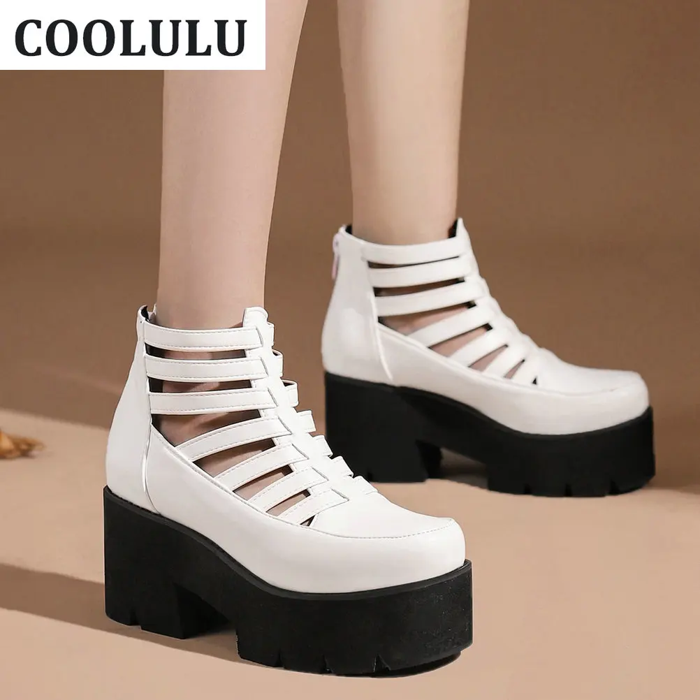

COOLULU Gladiator Block Heels Platform Pumps for Women Summer Booties Shoes Zipper Cut Out Booties Chunky High Heel Pumps