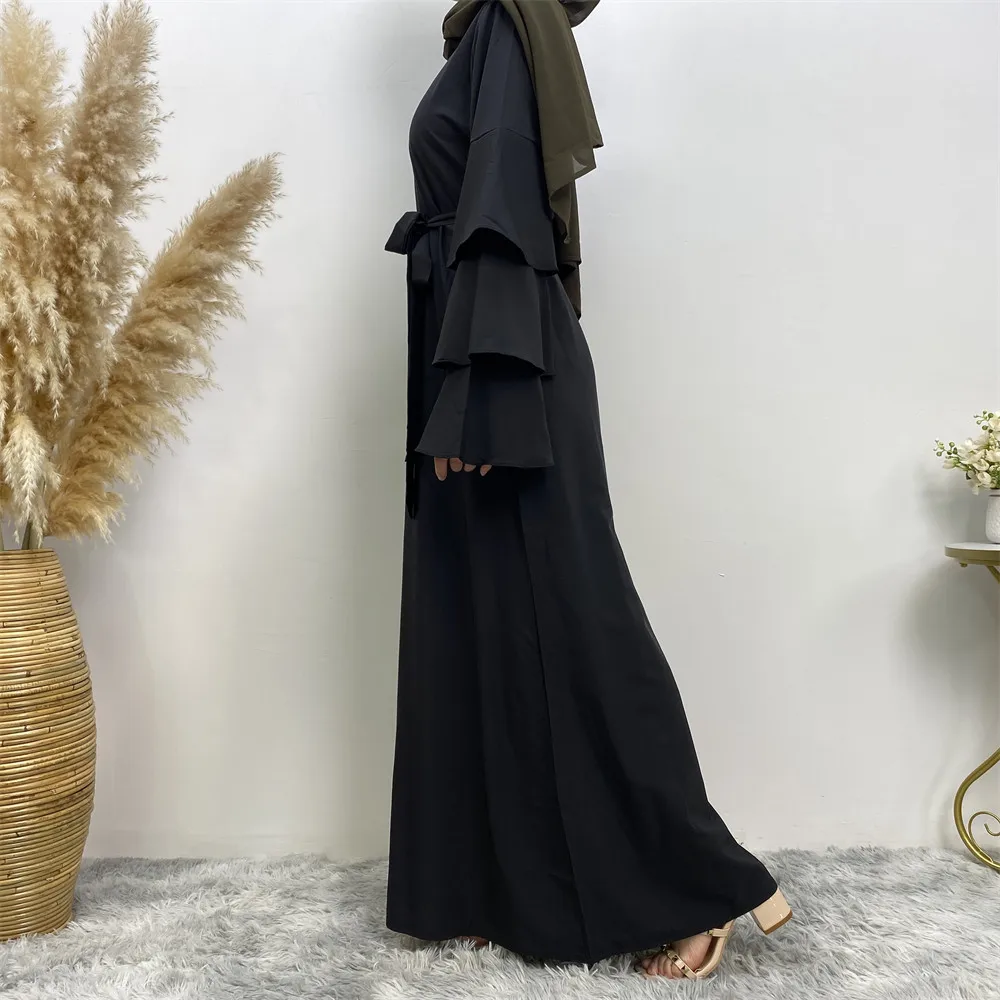 New Women's Round Neck Solid Color Versatile Loose Lacing Pile Sleeve Long Dress Women's Muslim Dress Robe Pour Femme Musulmane