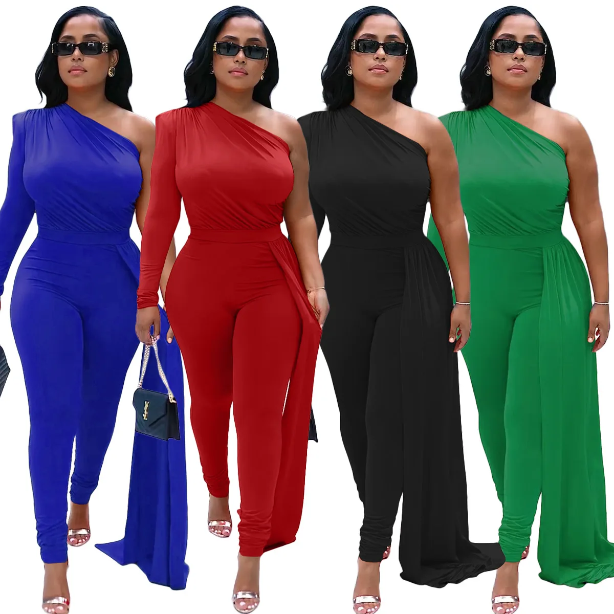 European and American women's fashion casual diagonal shoulder irregular solid color jumpsuit party evening dress