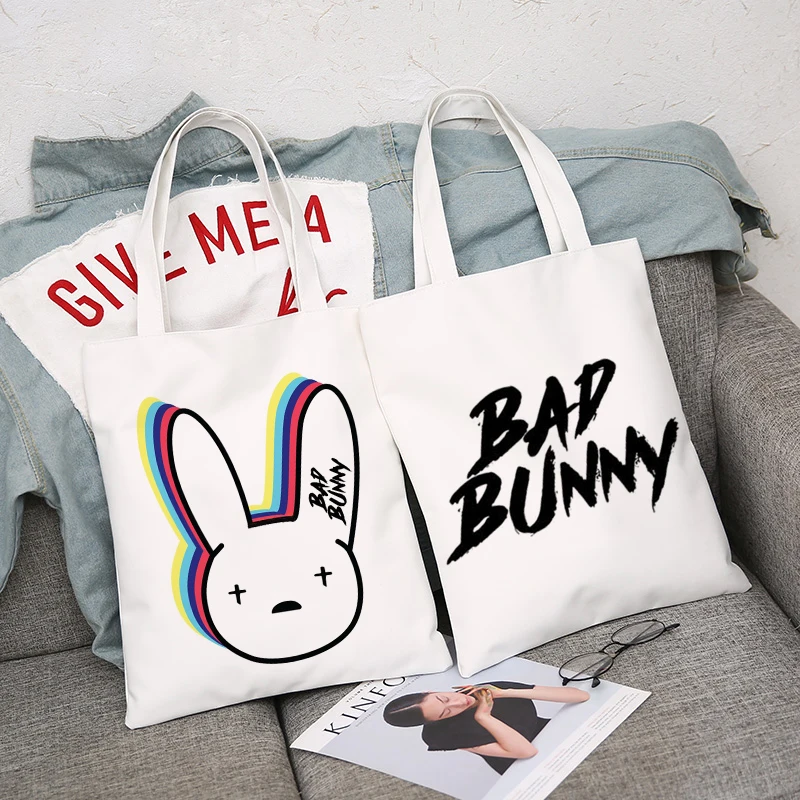 

Холщовая женская сумка Bad Bunny, Повседневная дешевая вместительная сумка на плечо, сумка-шоппер, модные сумки с принтом Harajuku Ulzzang