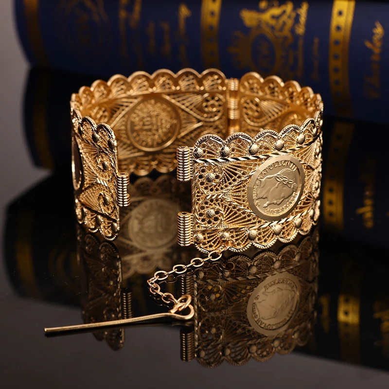 

French Napoleon Gold Color Coin Bangle Cutout Design Women Luxury Wedding Jewelry Opening Bracelet