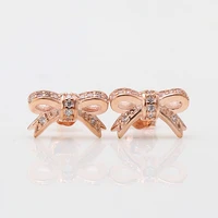 authentic 925 sterling silver sparkling rose bow with crystal stud earrings for women wedding gift pandora jewelry