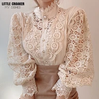 korea style hollow out lace shirts women clothing 2022 autumn winter new elegant fashion long sleeve stand collar blouses female