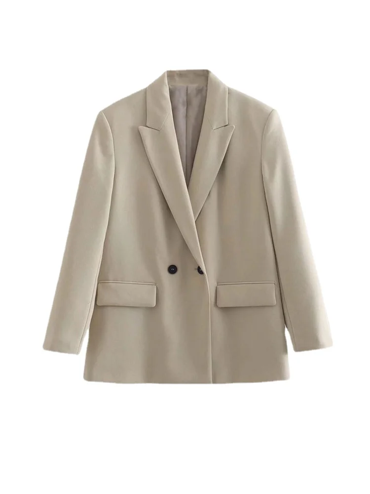 Women Fashion Double Breasted Loose Fitting Blazer Coat Vintage Long Sleeve Pockets Female Outerwear Chic Veste Femme
