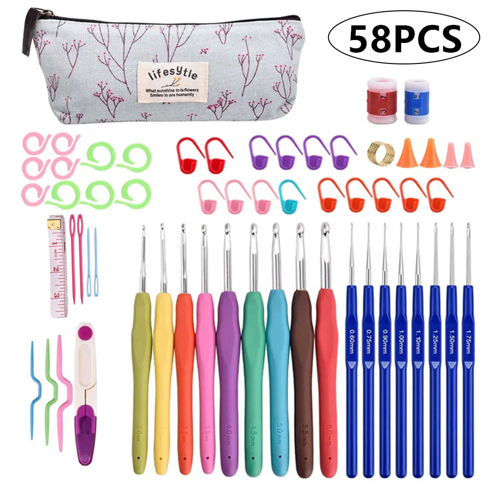 

8-59Pcs Crochet Hooks Set with Storage Bag Knitting Needles Set DIY Needle Arts Craft Scissors Stitch Markers Sewing Tools