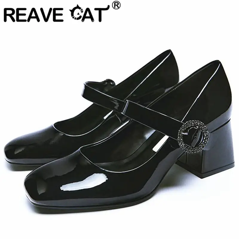 

REAVE CAT 2022 Women Shoes Pumps Square Toe Chunky Heels Buckle Straps Sweet Big Size Shallow 35-40 Solid Black Concise S3778