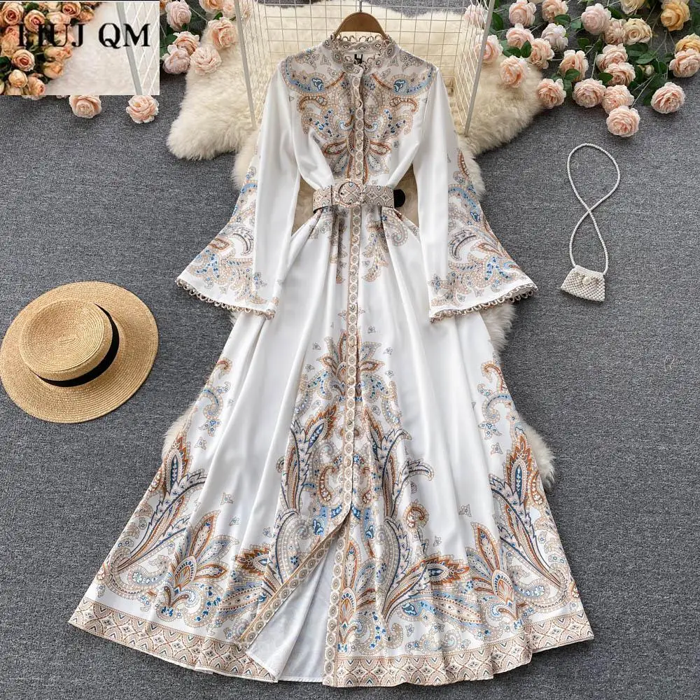 

Fashion Designer Vintage Print Floral Palace Dress Spring Women Stand Collar Flare Sleeve Sashes Boho Elegant Luxury Maxi Dress