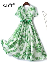 zjyt women print green chiffon dresses summer 2022 elegant designer v neck bohemian beach vestidos casual vacation robe femme