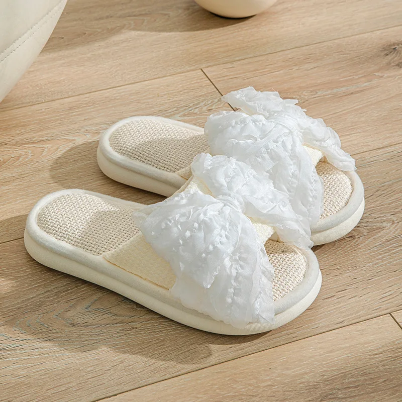 Шлепанцы женские льняные с бантом мягкая подошва открытый носок сланцы