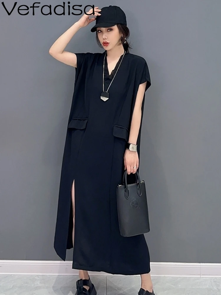 

Vefadisa 2023 Summer New Women V-neck Solid Color Dress Fashion Casual Black Skirt Personalized Trendy Girl Elegant Dress ZY1534