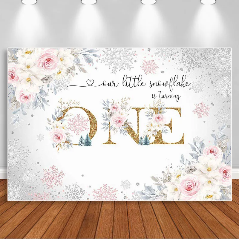 

Girl's First Birthday Backdrops for Photography Winter Silver Snowflake Pink Flowers Photocall Background CakeTable Decor Banner