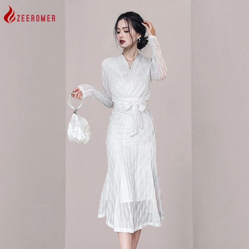 

2022 Gentle Ladylike Temperament Tie Waist White Long-Sleeve Dress Sexy V-neck French Elegant High Quality Office Mermaid Dress
