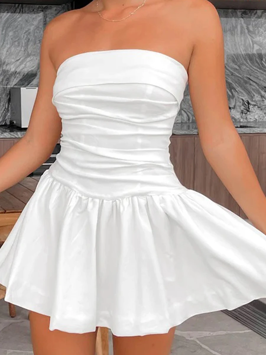 

Dghisre Y2K Strapless Off Shoulder Bodycon Mini Dress Sexy Hollow Out Bandeau Tube Dresses Kawaii Harajuku Dress Beach Clubwear