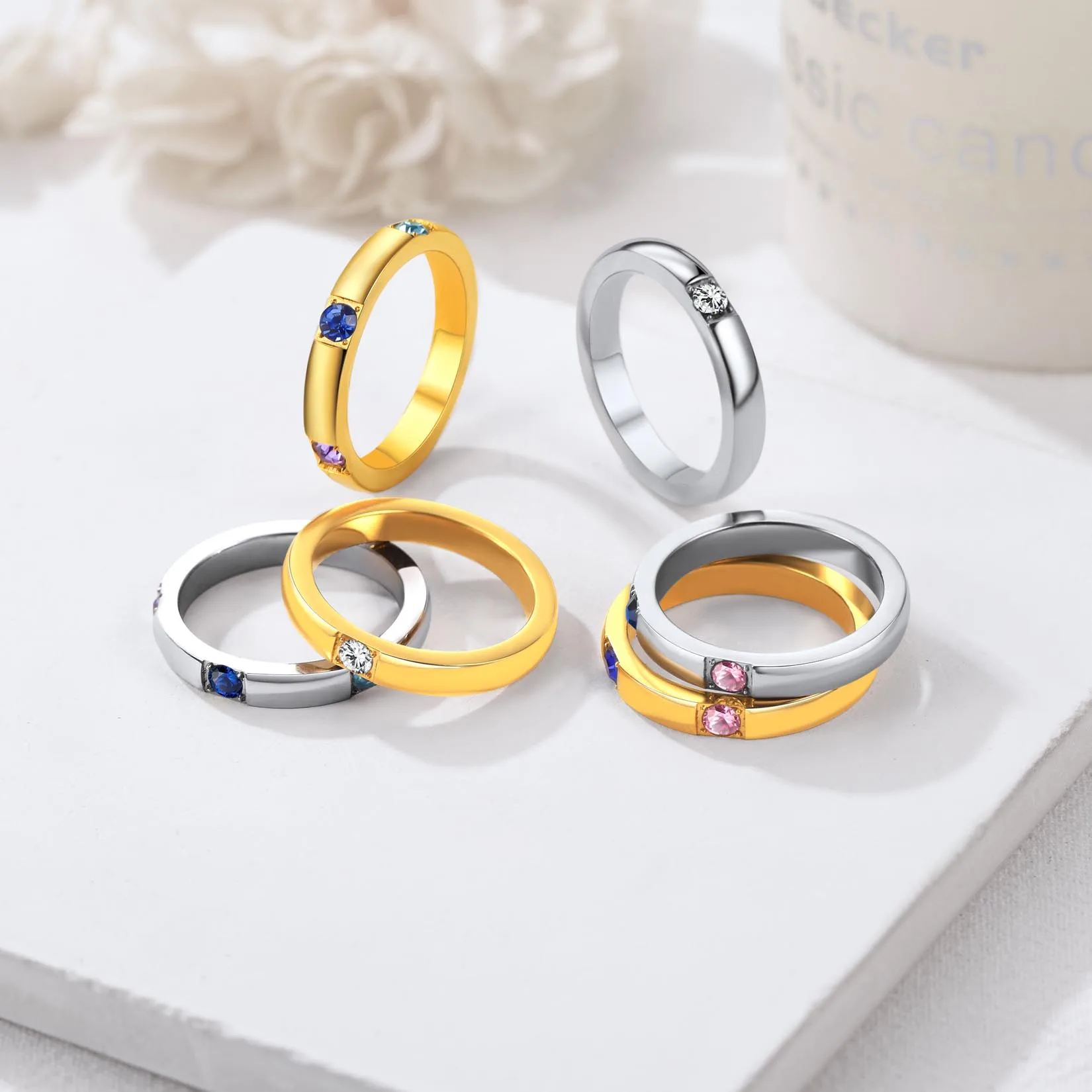 U7 Stainless Steel Personalized Birthstone Rings for Woman Man 18K Gold Color 1/2/3pcs CZ Laser Engrave Name Custom Unisex Ring