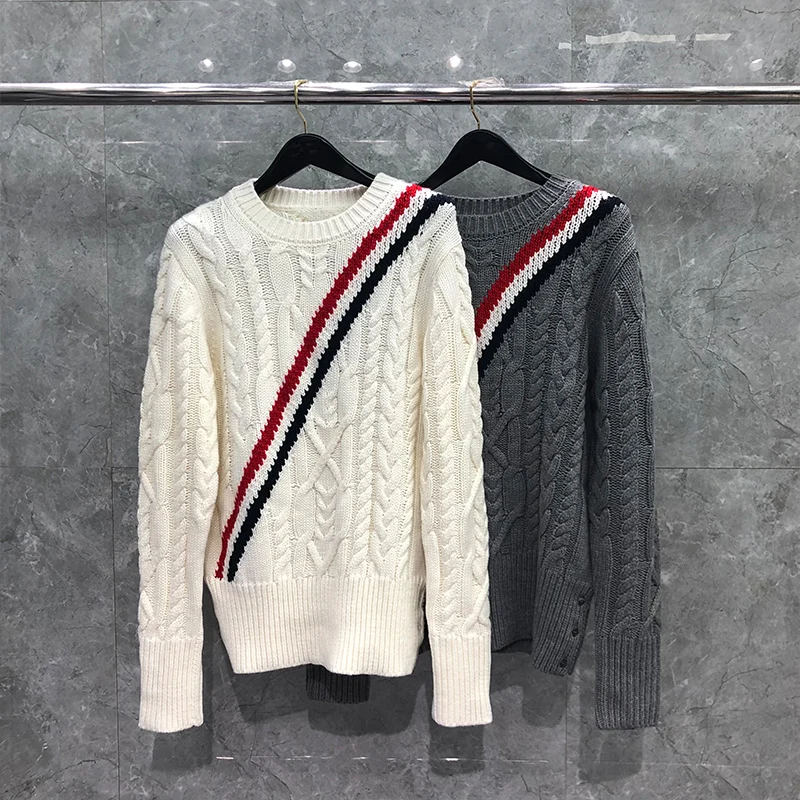 TB THOM Sweater Autunm Winter Sweaters Male Fashin Brand Clothing Merino Wool Diagonal RWB Stripe Turtleneck White TB Sweaters