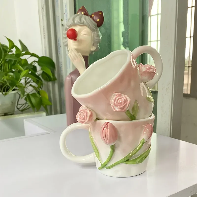 

Cup Three-dimensional Milk Large-capacity Gift Coffee 350ml Girls Cup Gilrs Flower INS Ceramic Heart Mug Festival Ceramic Relief